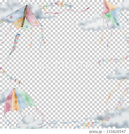 Kite with clouds and tails watercolor rectangular Frame. Illustration of Template with flying Toys for baby shower greeting cards and childish birthday invitations. Art for kids nursery posters. Kite with clouds and tails watercolor rectangular Frame. Illustration of Template with flying Toys for baby shower greeting cards and childish birthday invitations. Art for kids nursery posters. 133820547