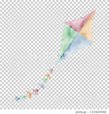 Kite watercolor illustration. Drawing of Toy with long ribbons flying in the sky and moving in the wind. Art in pastel colors for Baby shower greeting cards or childish Birthday party invitations. 133820566