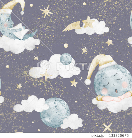 Moon watercolor seamless pattern on a dark night background with clouds, stars and cosmic splashes. Illustration of background with dreamy crescent for bed linen and nursery bedtime. 133820676