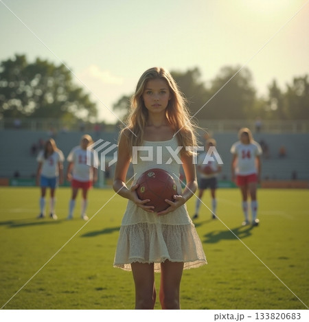 Youthful girl in a dress holds a ball on a sunny soccer field Generative AI Youthful girl in a dress holds a ball on a sunny soccer field Generative AI 133820683