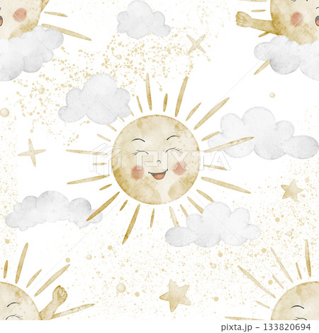 Seamless sun watercolor pattern with clouds, stars and pastel splashes. Illustration of day background for nursery wallpaper or childish textile design. Backdrop with daylight for wrapping paper. 133820694