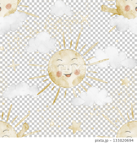 Seamless sun watercolor pattern with clouds, stars and pastel splashes. Illustration of day background for nursery wallpaper or childish textile design. Backdrop with daylight for wrapping paper. 133820694