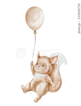 Watercolor illustration of a Squirrel with a balloon in pastel colors. Drawing of cute animal for nursery posters or baby shower greeting cards and Birthday invitations. Art of cub for children. 133820710