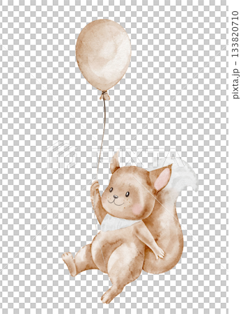 Watercolor illustration of a Squirrel with a balloon in pastel colors. Drawing of cute animal for nursery posters or baby shower greeting cards and Birthday invitations. Art of cub for children. 133820710