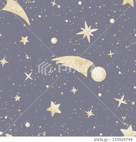 Seamless star watercolor pattern with comets, splashes and soft celestial shapes on a dark sky background. Illustration of night childish background for nursery bedtime design or bed linen. Seamless star watercolor pattern with comets, splashes and soft celestial shapes on a dark sky background. Illustration of night childish background for nursery bedtime design or bed linen. 133820748