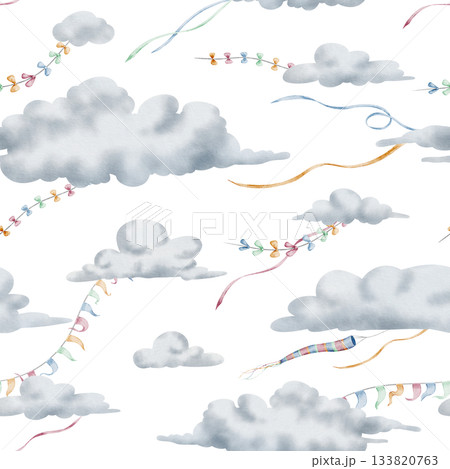 Cloud watercolor pattern with ribbons and garland in the sky. Illustration of cute background for childish wrapping paper or nursery wallpaper. Backdrop for textile design and kids bed linen. 133820763