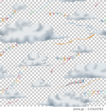 Cloud watercolor pattern with ribbons and garland in the sky. Illustration of cute background for childish wrapping paper or nursery wallpaper. Backdrop for textile design and kids bed linen. 133820763