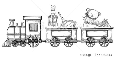 Train with retro Toys vector illustration. Linear drawing of vintage locomotive with teddy bear, soldier and drum for childish greeting card or kids invitation. Art for Christmas and New Year postcard Train with retro Toys vector illustration. Linear drawing of vintage locomotive with teddy bear, soldier and drum for childish greeting card or kids invitation. Art for Christmas and New Year postcard 133820833