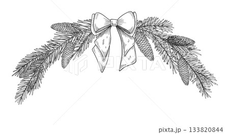 Branch vector illustration with spruce branches, cones, and ribbon bow. Linear drawing of pine twigs for Christmas greeting cards or New Year invitations. Outline etching of fir border with pinecones. Branch vector illustration with spruce branches, cones, and ribbon bow. Linear drawing of pine twigs for Christmas greeting cards or New Year invitations. Outline etching of fir border with pinecones. 133820844