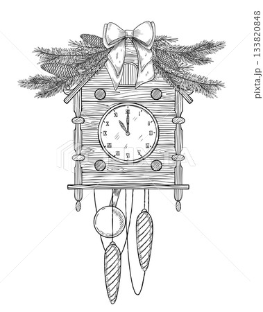 Vector illustration of a vintage wooden Cuckoo Clock with pine branches and ribbon bow. Linear drawing of cozy vintage element for Christmas greeting cards or New Year invitations. Art for posters. Vector illustration of a vintage wooden Cuckoo Clock with pine branches and ribbon bow. Linear drawing of cozy vintage element for Christmas greeting cards or New Year invitations. Art for posters. 133820848