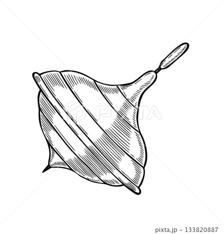 Whirligig vector illustration of a vintage spinning top Toy. Linear drawing of retro Baby Spin for nostalgic childish greeting cards or invitations. Etching painted by black inks for childhood design. 133820887
