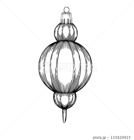 Ornament vector illustration of a vintage bauble with engraved texture. Linear drawing of glass decor for holiday greeting cards or retro Christmas invitations. Etching painted by black inks. Ornament vector illustration of a vintage bauble with engraved texture. Linear drawing of glass decor for holiday greeting cards or retro Christmas invitations. Etching painted by black inks. 133820915
