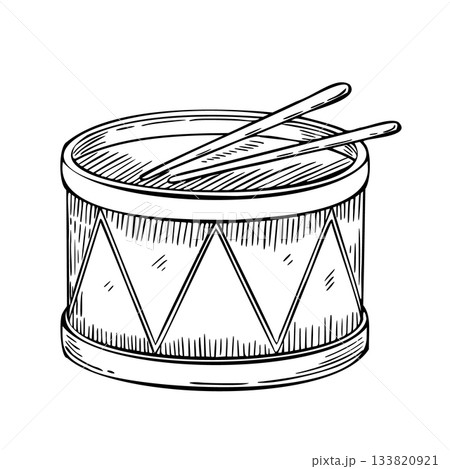 Linear vector illustration of a traditional Drum with two sticks. Hand-drawn etching of music instrument in engraving style. Outline art in retro style painted by black inks. Vintage toy. Linear vector illustration of a traditional Drum with two sticks. Hand-drawn etching of music instrument in engraving style. Outline art in retro style painted by black inks. Vintage toy. 133820921