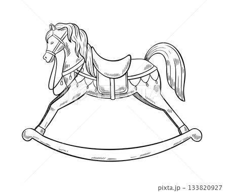 Wooden Rocking Horse vector illustration. Outline engraving of baby vintage Toy for nostalgic Christmas greeting cards or New Year invitations. Etching painted by black inks for retro childish design. 133820927