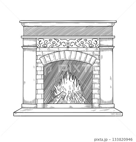 Vector engraving of a burning Fireplace with stone and brick texture. Linear drawing of vintage Hearth for cozy interior home scenes. Etching of Fire for Christmas invitations or Xmas greeting cards. 133820946