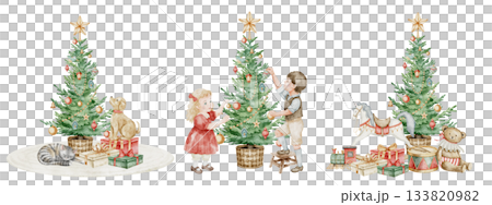 Watercolor Christmas tree set with toys, gifts, and children. Illustration of spruce or pine for festive Xmas greeting cards or New Year invitations. Art of holiday interior scenes for vintage poster. Watercolor Christmas tree set with toys, gifts, and children. Illustration of spruce or pine for festive Xmas greeting cards or New Year invitations. Art of holiday interior scenes for vintage poster. 133820982