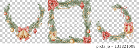 Watercolor Christmas frames set with pine branches, bells, and poinsettia. Illustration of borders and wreath for Xmas greeting cards or New Year invitations. Art with Templates for winter holidays. 133821009