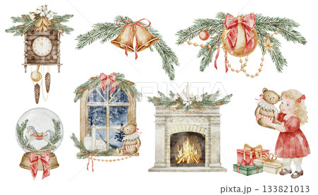 Watercolor Christmas compositions set with festive elements - window, fireplace, gifts, and toys. Illustration of Xmas tree ornaments in vintage style for New Year holiday greeting cards and posters. Watercolor Christmas compositions set with festive elements - window, fireplace, gifts, and toys. Illustration of Xmas tree ornaments in vintage style for New Year holiday greeting cards and posters. 133821013