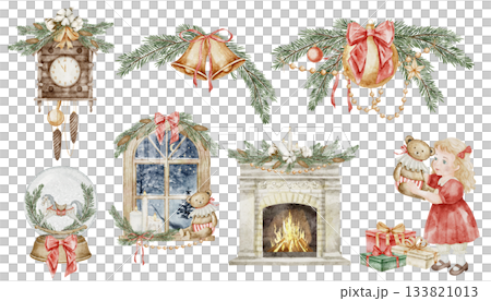 Watercolor Christmas compositions set with festive elements - window, fireplace, gifts, and toys. Illustration of Xmas tree ornaments in vintage style for New Year holiday greeting cards and posters. Watercolor Christmas compositions set with festive elements - window, fireplace, gifts, and toys. Illustration of Xmas tree ornaments in vintage style for New Year holiday greeting cards and posters. 133821013
