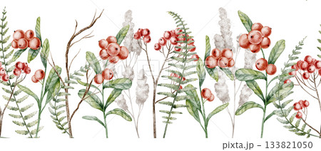 Watercolor seamless Border with rowan berries, ferns and leaves. Illustration of Pattern with red berries and forest branches for woodland banners. Drawing with cranberry and plants for backgrounds. 133821050