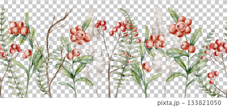 Watercolor seamless Border with rowan berries, ferns and leaves. Illustration of Pattern with red berries and forest branches for woodland banners. Drawing with cranberry and plants for backgrounds. Watercolor seamless Border with rowan berries, ferns and leaves. Illustration of Pattern with red berries and forest branches for woodland banners. Drawing with cranberry and plants for backgrounds. 133821050