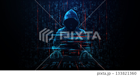 Digital hacker silhouette emerges from Matrix-style binary code bg Digital hacker silhouette emerges from Matrix-style binary code bg 133821360