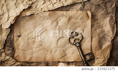vintage key and antique papers, on the top of an old paper the background is made up of worn-out brown parchment that has been folded over by other sheets of blank white paper. 133821375
