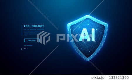 Cyber security concept. Glowing AI icon on digital shield  133821390