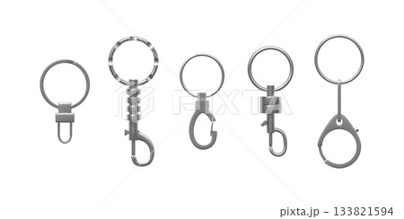 Realistic set of metal carabiners with ring, lobster clasps in various shapes vector set, silver carabiner for keychain Realistic set of metal carabiners with ring, lobster clasps in various shapes vector set, silver carabiner for keychain 133821594