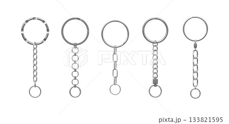 A set of keychain hardware, metal rings with chains, chrome-plated silver, various shapes. 133821595