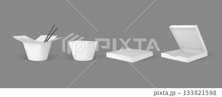 Set of white blank cardboard takeaway boxes for noodles and pizza, open and closed. Set of white blank cardboard takeaway boxes for noodles and pizza, open and closed. 133821598