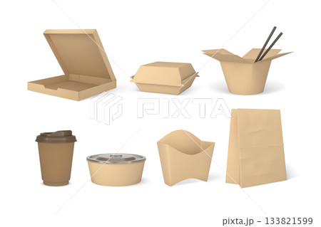 Takeaway containers packages mock up 3D vector set, craft brown paper fast food and drink boxes, bag, bowl, cup blanks 133821599