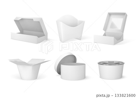 Takeaway containers packages mock up 3D vector set, craft white paper fast food and pastry, bakery boxes, bags blanks Takeaway containers packages mock up 3D vector set, craft white paper fast food and pastry, bakery boxes, bags blanks 133821600