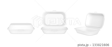 Takeaway container packages 3D vector mock up, realistic open and closed blank white foamed plastic lunch box, fast food 133821606