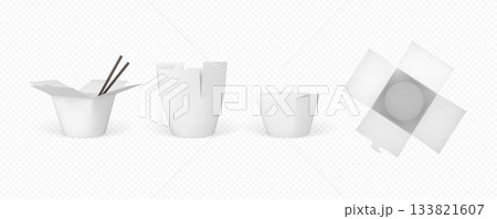 White cardboard takeout food boxes, open, closed, top and side views, with chopsticks. White cardboard takeout food boxes, open, closed, top and side views, with chopsticks. 133821607
