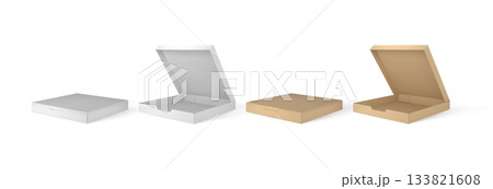 Pizza boxes, takeaway containers packages mock up 3D vector set, closed and open brown and white cardboard box templates 133821608