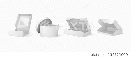 Realistic takeaway food packaging boxes, white clean mockup. 133821609