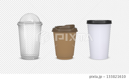 Takeaway drink packages mock up 3D vector set, craft paper and transparent plastic cups, coffee tea cup with plastic lid Takeaway drink packages mock up 3D vector set, craft paper and transparent plastic cups, coffee tea cup with plastic lid 133821610