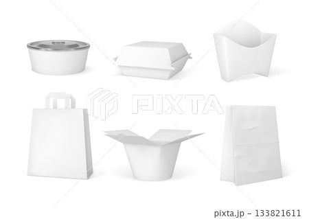 A set of blank white takeout packaging mockups, including fast food containers. 133821611