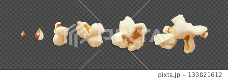 Popcorn kernel realistic 3D vector set of images different sizes, popping corn salty, sweet flavor, movie watching snack 133821612