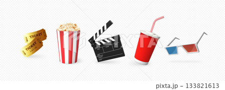 A set of movie accessories, tickets, a cup of popcorn, a drink, a clapperboard, and 3D glasses. A set of movie accessories, tickets, a cup of popcorn, a drink, a clapperboard, and 3D glasses. 133821613