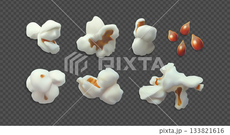 Realistic set of air-popped popcorn, various shapes, and kernels. 133821616