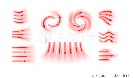 Air flow vector set, red arrows showing wind direction of air movement, straight, swirl and wave hot stream air heater 133821658