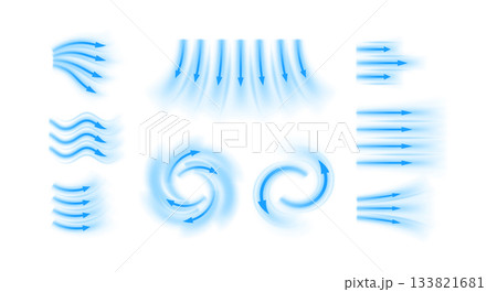 Air flow vector set, blue arrows showing wind straight, swirl and wave direction of air movement, cold fresh streams Air flow vector set, blue arrows showing wind straight, swirl and wave direction of air movement, cold fresh streams 133821681
