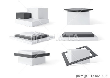 White and black cubes square shape podium stands, 3D pedestals vector set, platform for product presentation, showcase 133821696