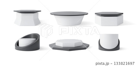 White and black cylinders podium stands 3D round pedestals vector set, platform for product presentation, stage showcase White and black cylinders podium stands 3D round pedestals vector set, platform for product presentation, stage showcase 133821697