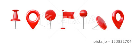 Red geotag different forms 3D vector icons set, realistic map pointer, thumbtack, push pin and flag, GPS location mark Red geotag different forms 3D vector icons set, realistic map pointer, thumbtack, push pin and flag, GPS location mark 133821704