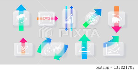 Business growth graphic arrow vector set, chart line, round and candlestick graph glassmorphism effect glass blur button Business growth graphic arrow vector set, chart line, round and candlestick graph glassmorphism effect glass blur button 133821705