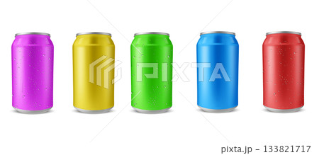 Aluminum drink can different colors, vector realistic blank wet metallic tin can drink beer, soda, water, juice packages 133821717