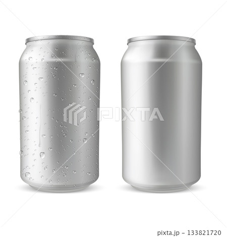 Aluminum drink can, realistic blank metallic tin can drink beer, soda, water, juice package with water drops vector set 133821720